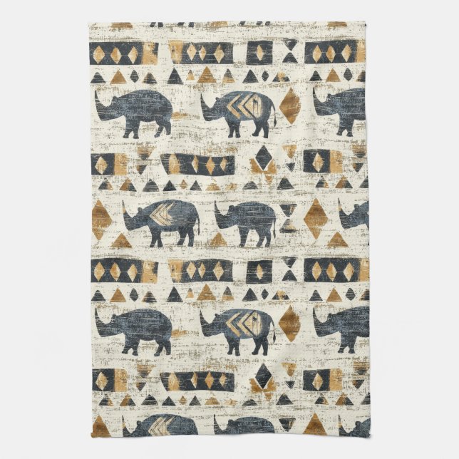 Rustic Rhino Tribal Pattern (1) Kitchen Towel (Vertical)