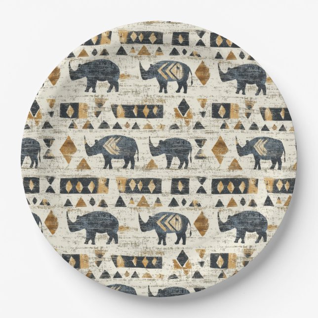 Rustic Rhino Tribal Pattern (1) Paper Plates (Front)