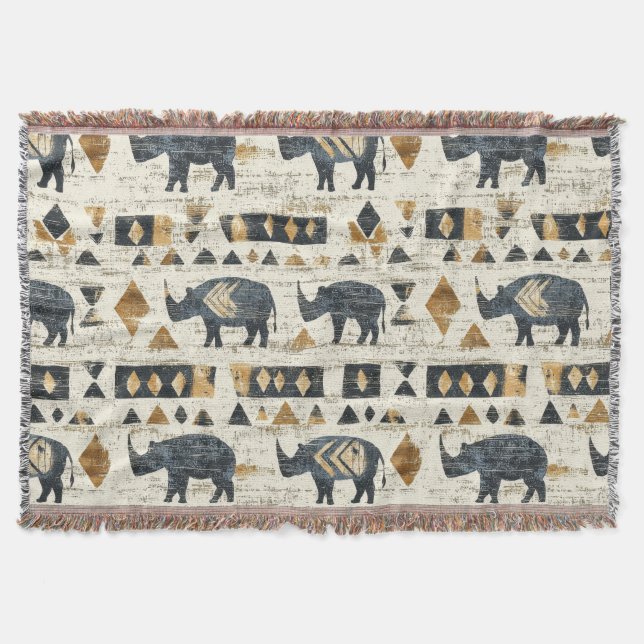 Rustic Rhino Tribal Pattern (1) Throw Blanket (Front)