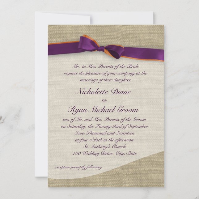Rustic Ribbon and Burlap Orange and Purple Wedding Invitation (Front)