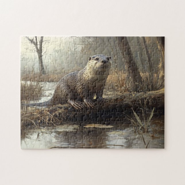 Rustic River Otter Wildlife Painting Jigsaw Puzzle (Horizontal)