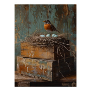 Rustic Robin and Nest Decoupage Poster
