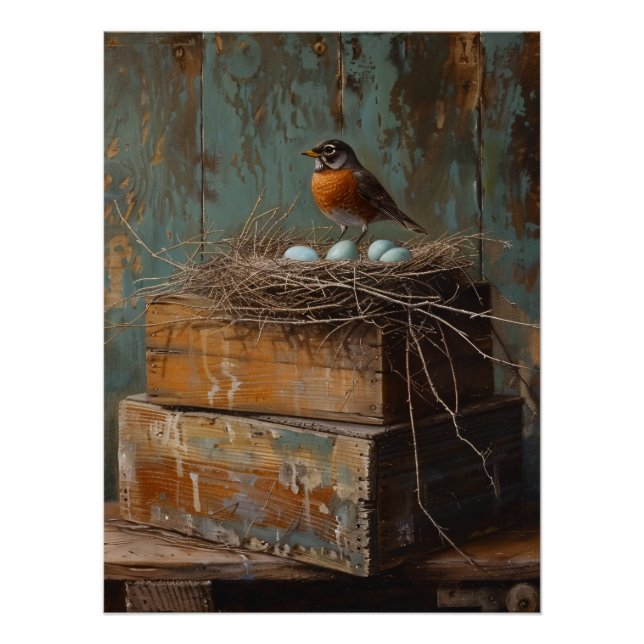 Rustic Robin and Nest Decoupage Poster (Front)