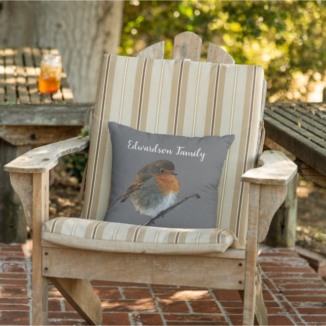Rustic Robin bird family name dark gray burlap Outdoor Pillow (Chair)