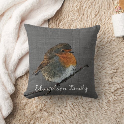 Rustic Robin bird family name dark gray burlap Throw Pillow