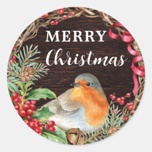 Rustic Robin Merry Christmas Holiday Classic Round Sticker