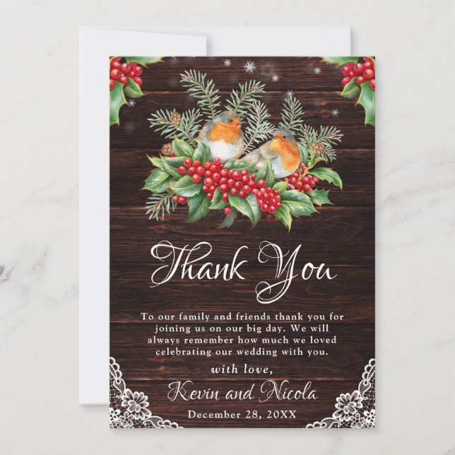 Rustic Robins & Holly Winter Foliage Wedding Thank You Card (Front)