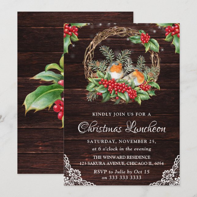 Rustic Robins & Holly Wreath Christmas Luncheon Invitation (Front/Back)