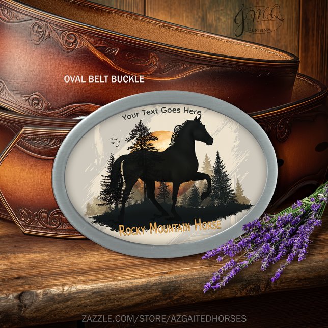 Rustic Rocky Mountain Horse Western Silhouette Art Belt Buckle (Rustic belt buckle design with a black Rocky Mountain horse silhouette, pine forest, custom text. )