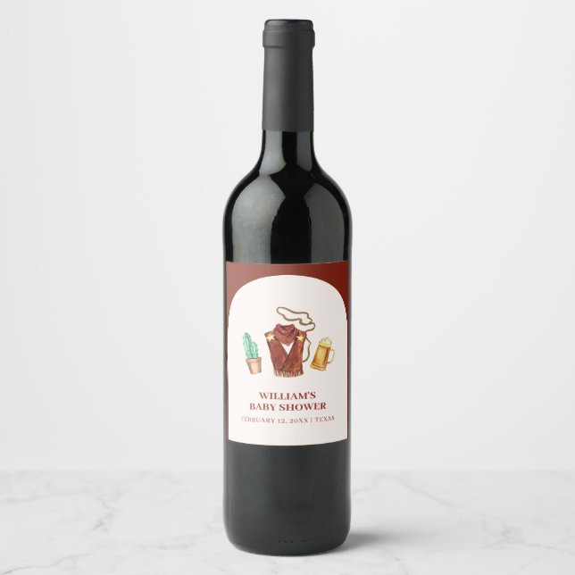 Rustic Rodeo Cowboy Cactus Beer Arch Baby Shower  Wine Label (Front)