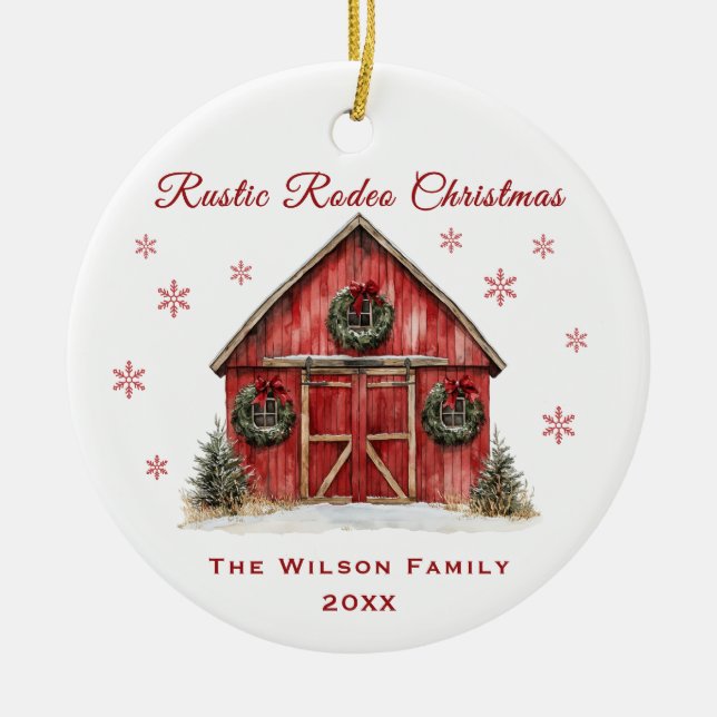 Rustic Rodeo Red Barn Christmas Ceramic Ornament (Front)
