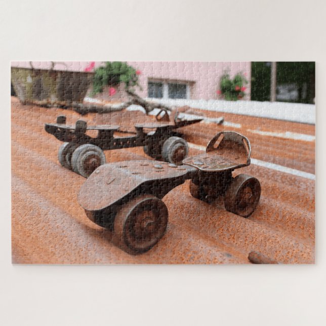 Rustic Roller Skates Tin Roof Orange Tones Jigsaw Puzzle (Horizontal)