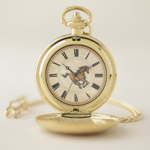 RUSTIC ROMAN NUMERALS VINTAGE HORSE POCKET WATCH