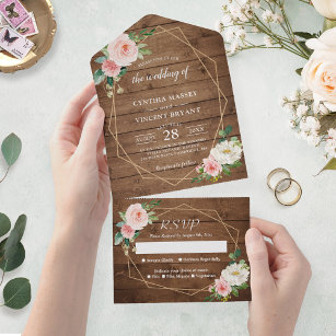 Rustic Romance Blush Floral Geometric Wedding All In One Invitation