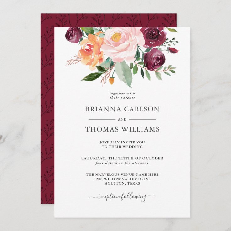 Rustic Romance Burgundy and Pink Floral Wedding Invitation | Zazzle