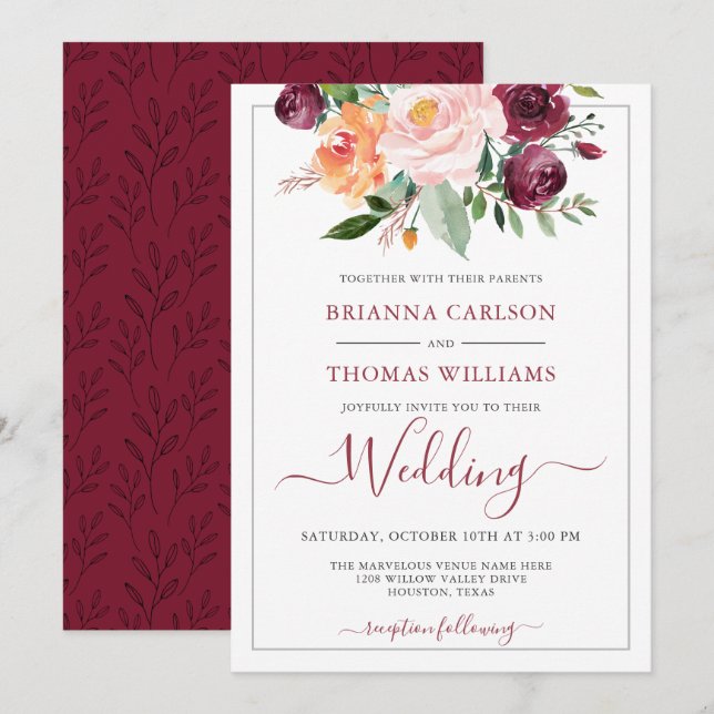 Rustic Romance Burgundy and Pink Floral Wedding Invitation (Front/Back)
