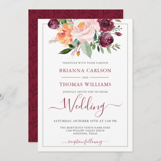 Rustic Romance Burgundy and Pink Floral Wedding Invitation | Zazzle.com