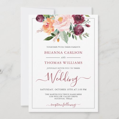 Rustic Romance Burgundy and Pink Floral Wedding Invitation