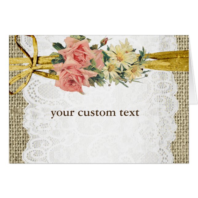 Rustic Romance Burlap & Lace Floral Fold Card (Front Horizontal)