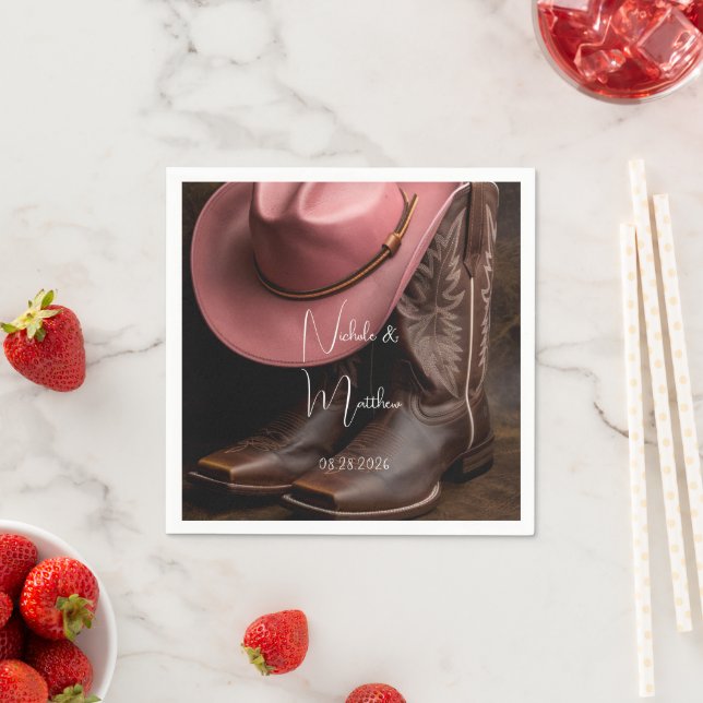Rustic Romance: Cowboy Boots & Rose Hat Wedding Napkins (Insitu)