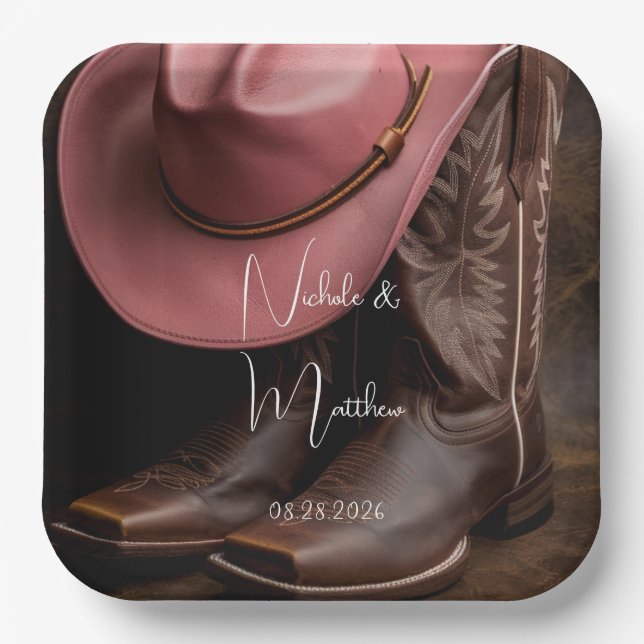 Rustic Romance: Cowboy Boots & Rose Hat Wedding Paper Plates (Front)
