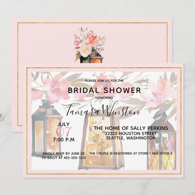 Rustic Romance Lanterns Rose Gold Bridal Shower Invitation (Front/Back)