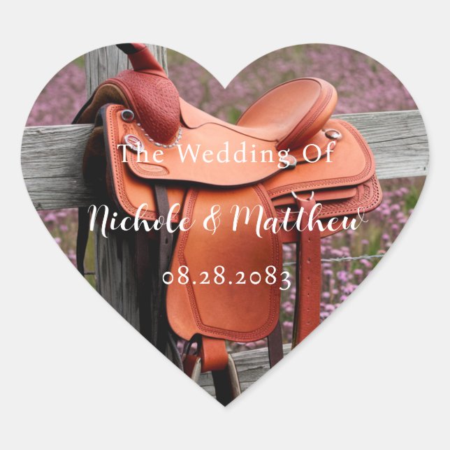 Rustic Romance: Saddle on the Fence Wedding Heart Sticker (Front)
