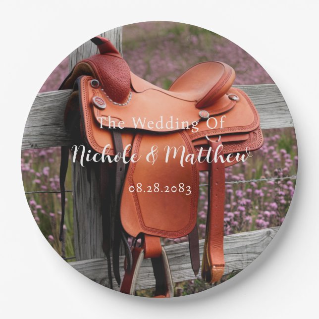 Rustic Romance: Saddle on the Fence Wedding Paper Plates (Front)