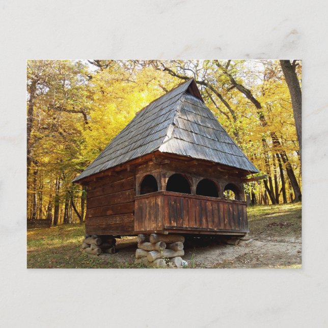 Rustic Romanian Wood Cabin in Autumn Postcard (Front)