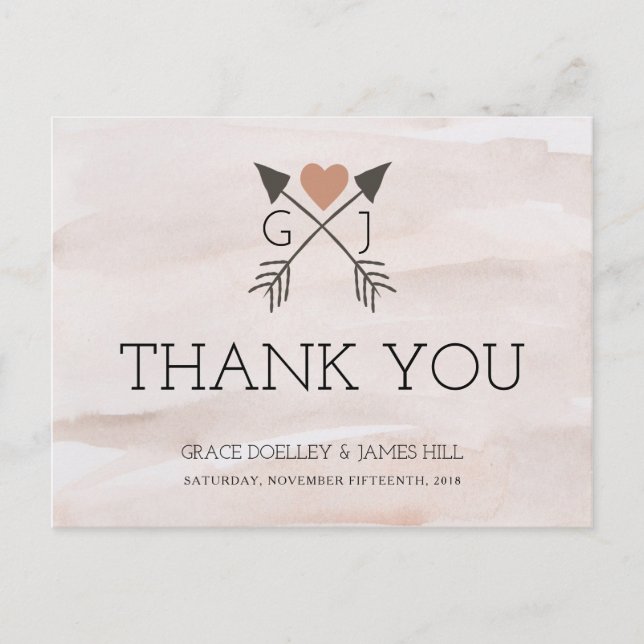 Rustic Romantic Arrow and Heart Wedding Thank You Postcard (Front)