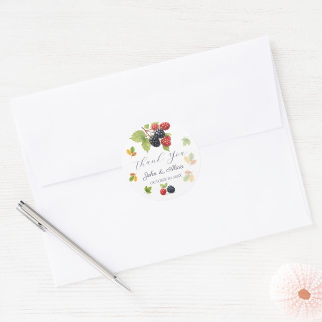Rustic Romantic Autumn Berry Wedding Photo Back  Classic Round Sticker (Envelope)