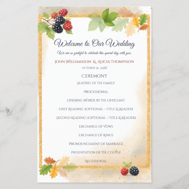 Rustic Romantic Autumn Berry Wedding Program Flyer (Front)