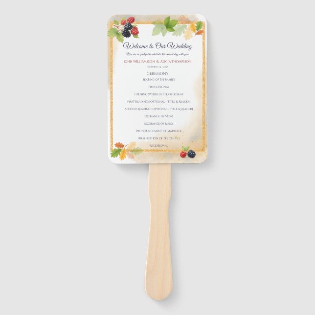 Rustic Romantic Autumn Berry Wedding Program Hand Fan (Front)