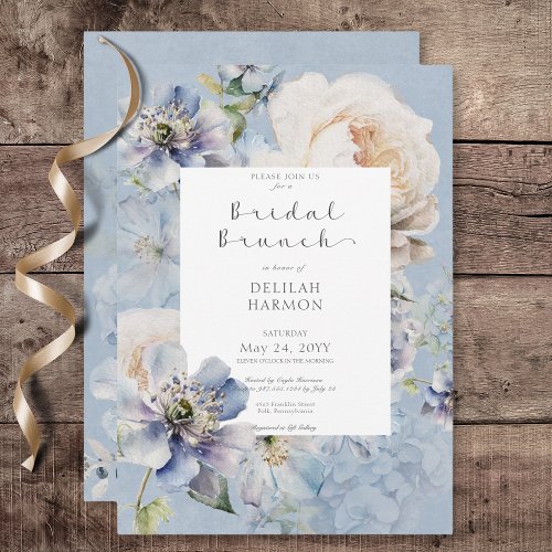 Rustic Romantic Blue  White Floral Bridal Brunch Invitation