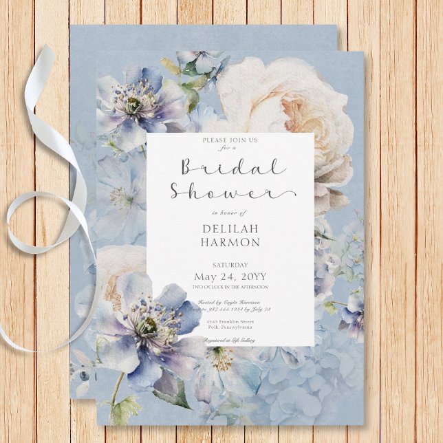 Rustic Romantic Blue & White Floral Bridal Shower Invitation (Rustic Romantic Blue & White Floral Bridal Shower Invitation)