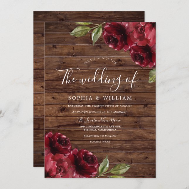 Rustic Romantic Burgundy Red Rose Wedding Invitation (Front/Back)