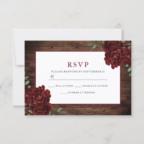 Rustic Romantic Burgundy Rose Wedding RSVP Card