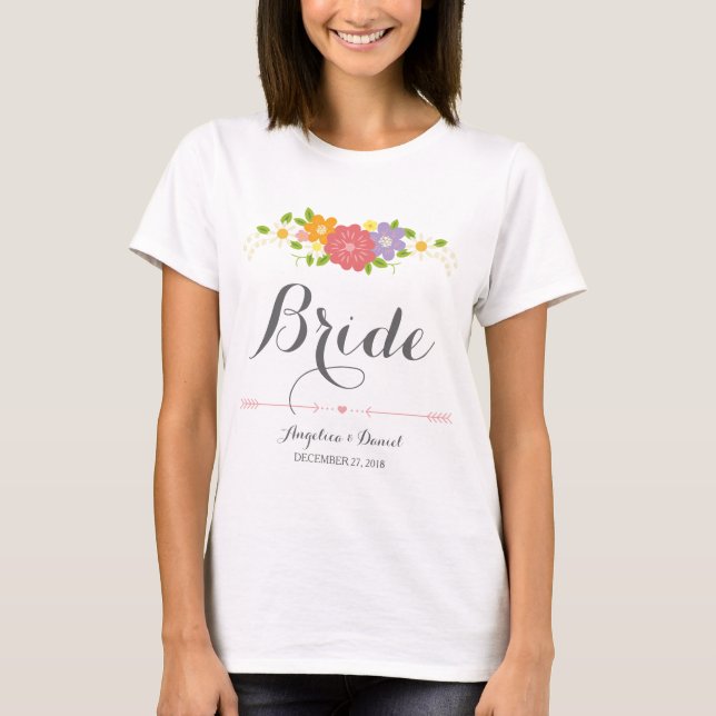 Rustic Romantic Calligraphy & Pastel Flowers Bride T-Shirt (Front)