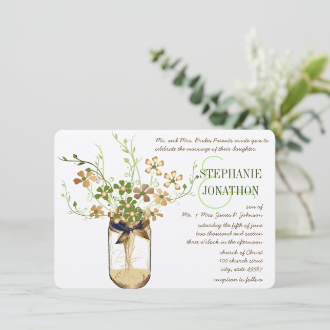 Rustic Romantic Copper Olive Mason Jar Wedding Invitation (Standing Front)