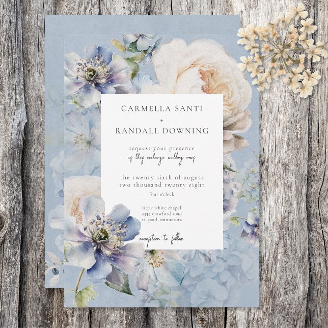 Rustic Romantic Dusty Blue & White Floral Invitation (Creator Uploaded)