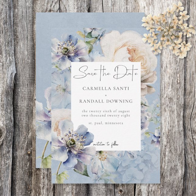 Rustic Romantic Dusty Blue & White Floral Save The Date (Creator Uploaded)