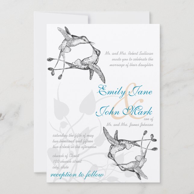 Rustic Romantic Hummingbird Kiss Love BirdWedding Invitation (Front)