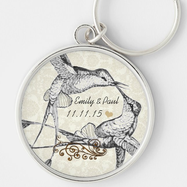 Rustic Romantic Hummingbird Kiss Love BirdWedding Keychain (Front)