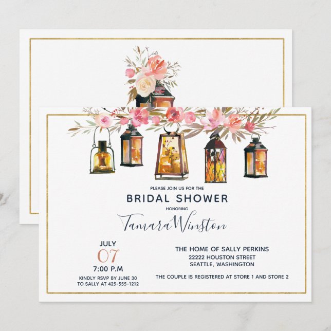 Rustic Romantic Lanterns Rose Gold Bridal Shower Invitation (Front/Back)