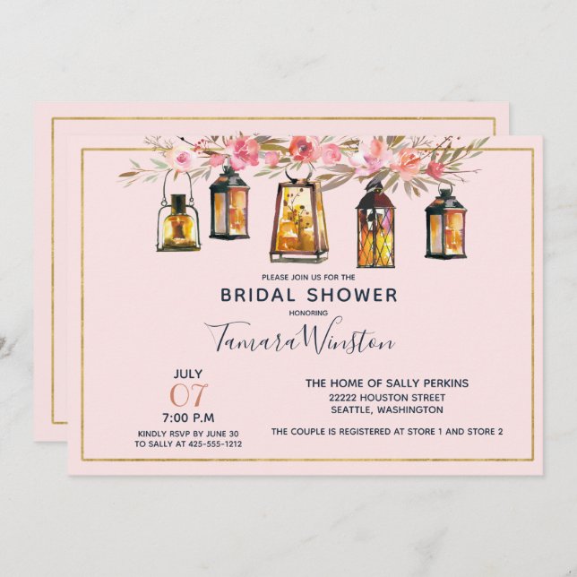 Rustic Romantic Lanterns Rose Gold Bridal Shower Invitation (Front/Back)