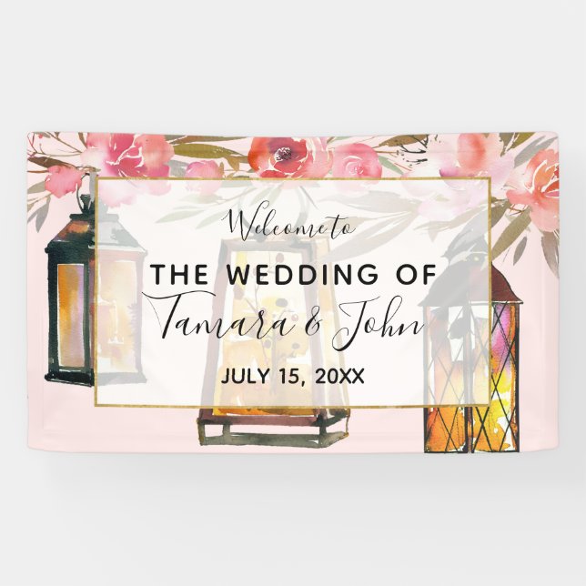 Rustic Romantic Lanterns Rose Gold Wedding Banner (Horizontal)