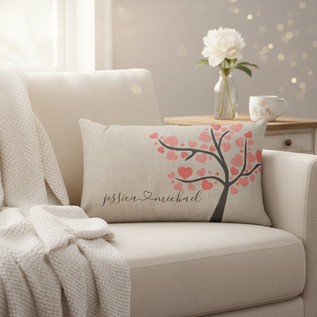 Rustic Romantic Love Tree Couple Names Valentines Lumbar Pillow (❤️Celebrate love with this beautiful rustic pillow for newlyweds.)