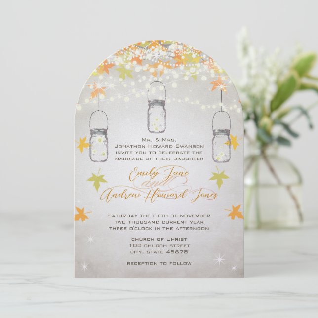 Rustic Romantic Mason Jar Orange Yellow Fall Tree Invitation (Standing Front)