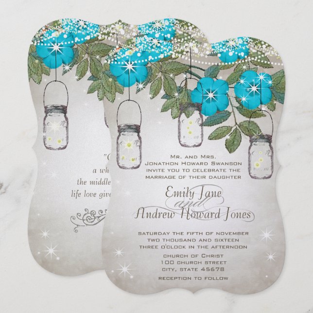 Rustic Romantic Mason Jar Teal Aqua Invitation (Front/Back)