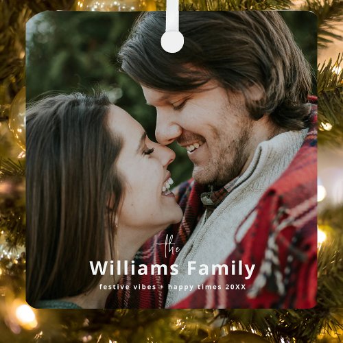 Rustic Romantic Minimal Sweet Couple Photo Metal Ornament